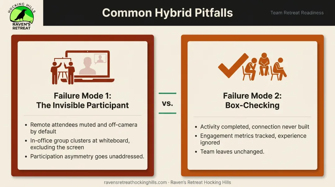 Two hybrid team failure modes invisible participant versus box-checking comparison infographic