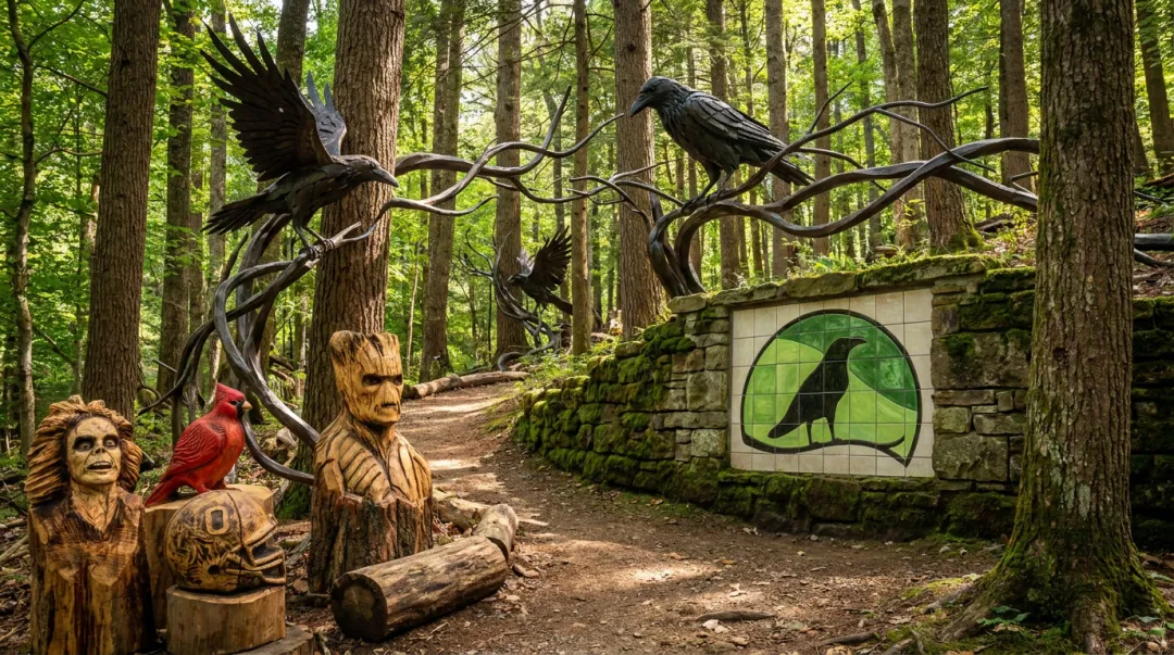 Hand-forged steel sculpture art installation inside Raven's Retreat Hocking Hills forest preserve