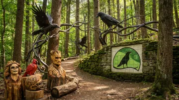 Hand-forged steel sculpture art installation inside Raven's Retreat Hocking Hills forest preserve