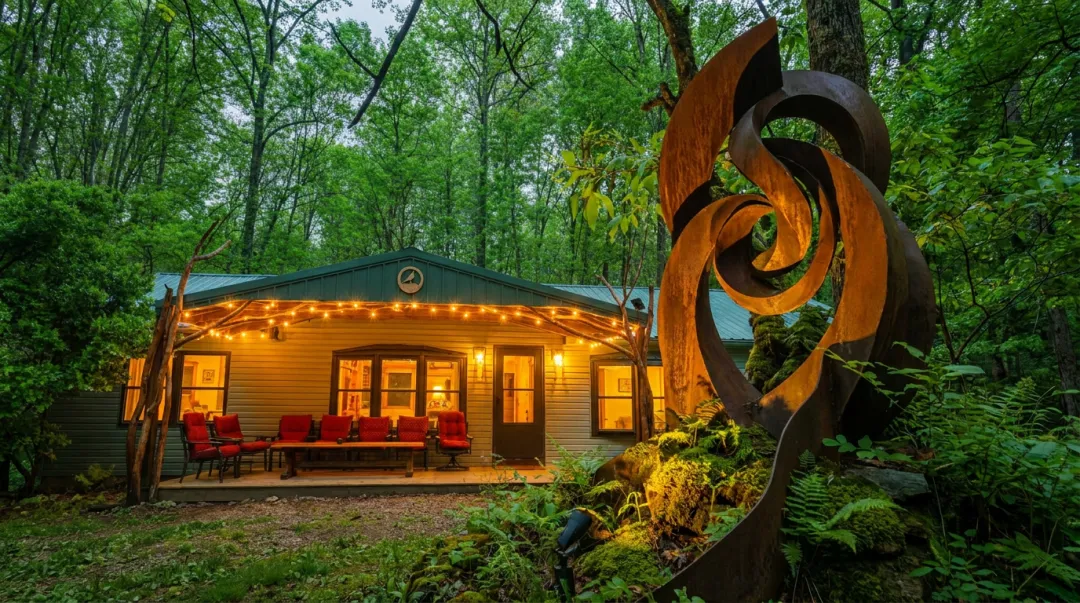Raven's Retreat Hocking Hills art bungalow forest setting with sculpture installations