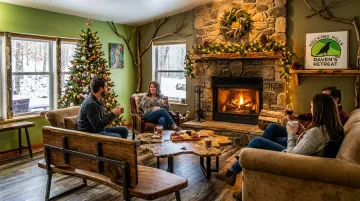 Raven's Retreat Hocking Hills Art Lodge interior gathering space with fire pit seating