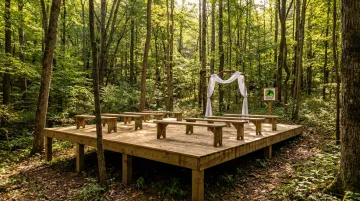Elevated wooden forest ceremony platform with rustic arch and surrounding ancient trees