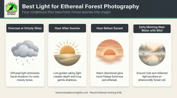 Four best light conditions for ethereal forest elopement photography infographic