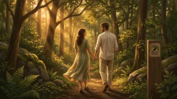 Couple walking hand-in-hand through fern-lined forest trail during golden hour