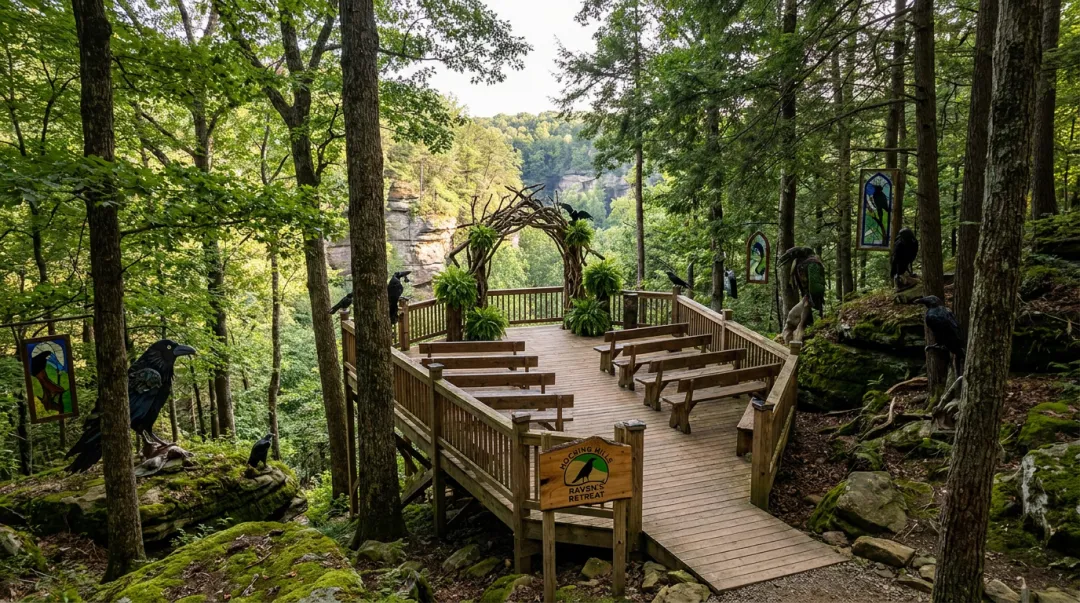 Raven's Retreat Hocking Hills elevated ceremony platform in private forested setting