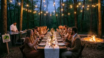 Intimate outdoor wedding reception with private chef dinner and fire pit gathering at dusk