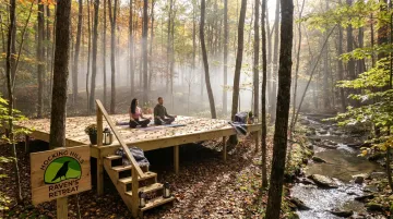 Raven's Retreat Hocking Hills forest meditation space surrounded by nature canopy