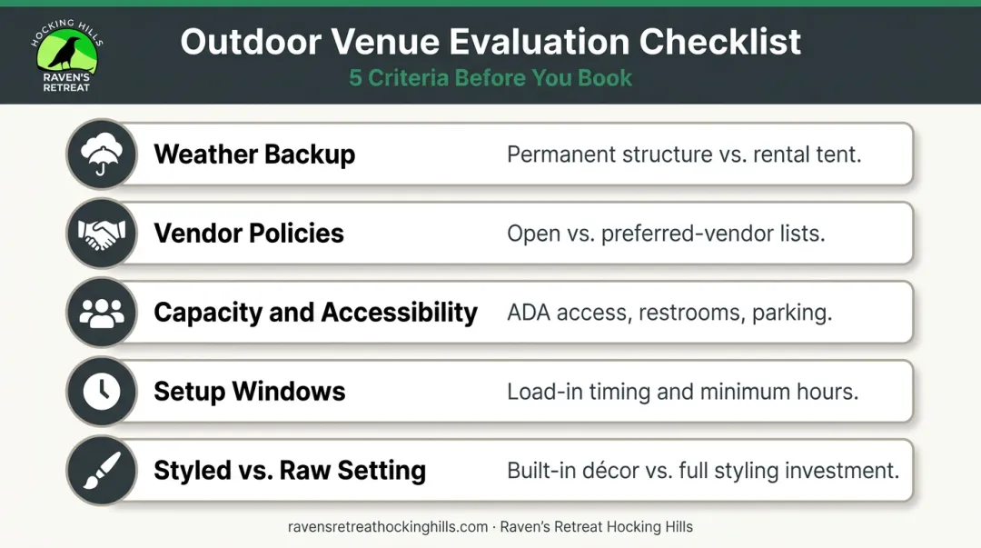 Five key outdoor wedding venue evaluation criteria checklist infographic for couples