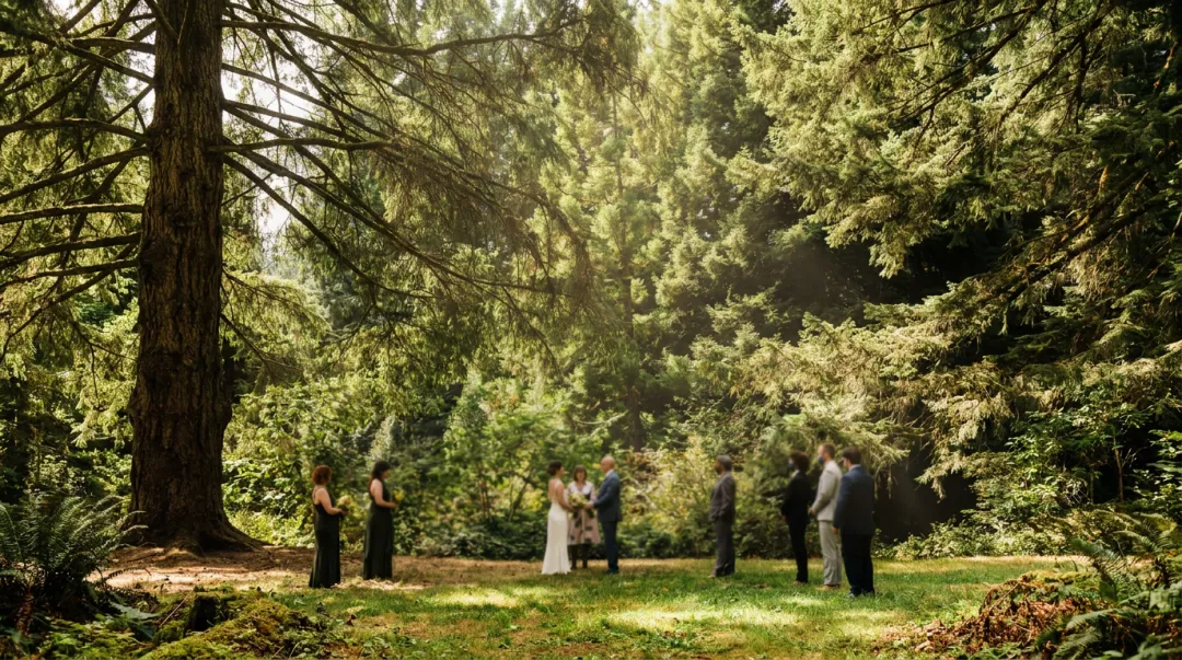 Forest arboretum wedding ceremony site with old-growth tree canopy and naturalistic woodland setting