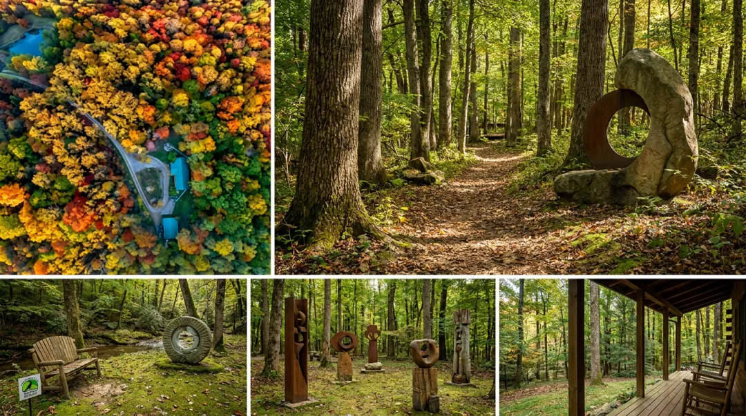 Raven's Retreat Hocking Hills private forested trails with creek and art installations