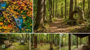 Raven's Retreat Hocking Hills private forested trails with creek and art installations