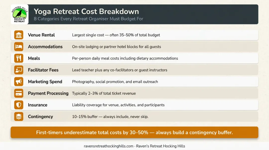 Yoga retreat full cost structure breakdown by category with budgeting notes infographic