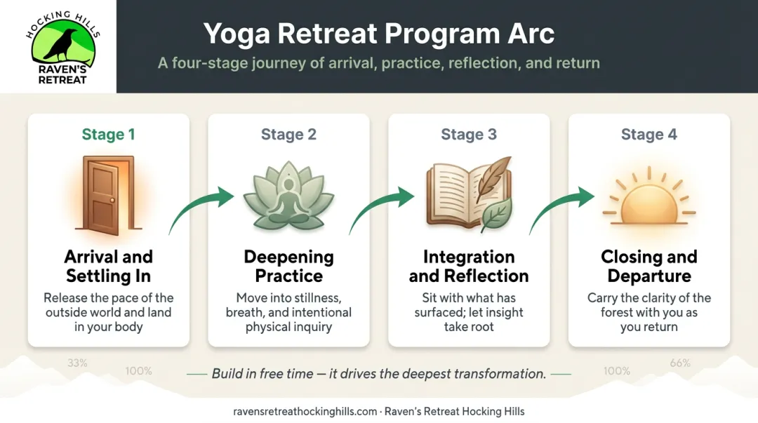 Four-stage yoga retreat program arc from arrival through integration and departure