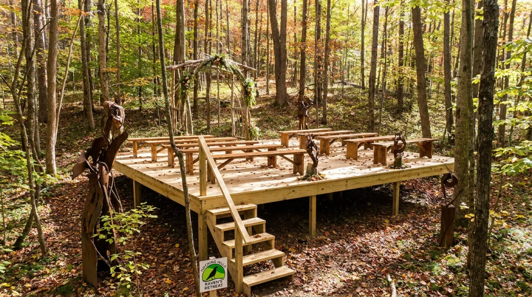 Raven's Retreat Hocking Hills forest ceremony platform surrounded by tall trees and sculptures