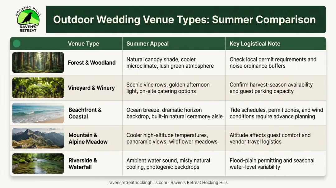 Five outdoor wedding venue types summer appeal and logistics comparison chart