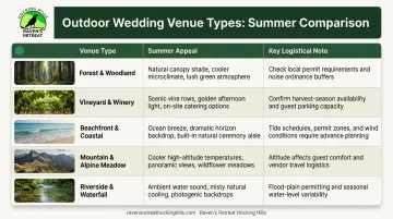 Five outdoor wedding venue types summer appeal and logistics comparison chart