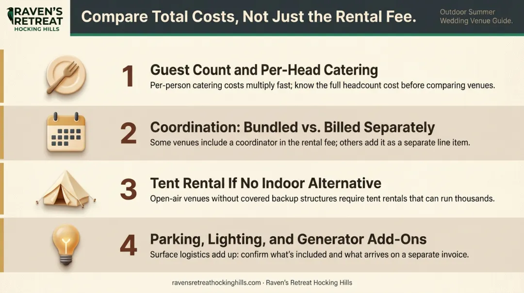 Outdoor summer wedding venue total cost breakdown infographic with four key budget factors