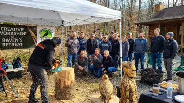Live sculpture performance at Raven's Retreat Hocking Hills corporate retreat setting