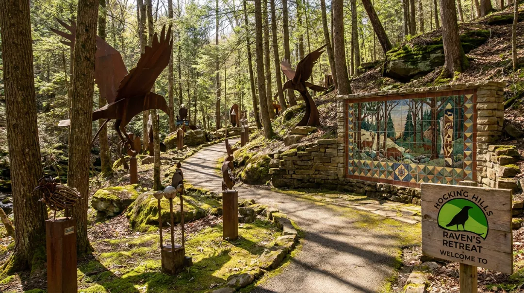 Raven's Retreat Hocking Hills steel sculpture art installation inside nature retreat property
