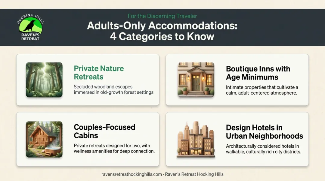 Four types of adults-only romantic retreat accommodations comparison infographic
