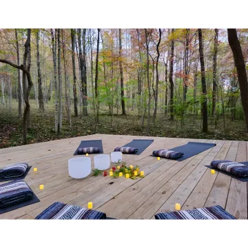 Guided meditation setup in a forest retreat