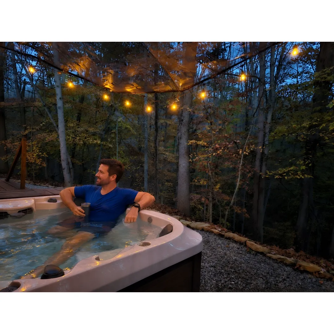 Couple relaxing in a private hot tub at a forest retreat