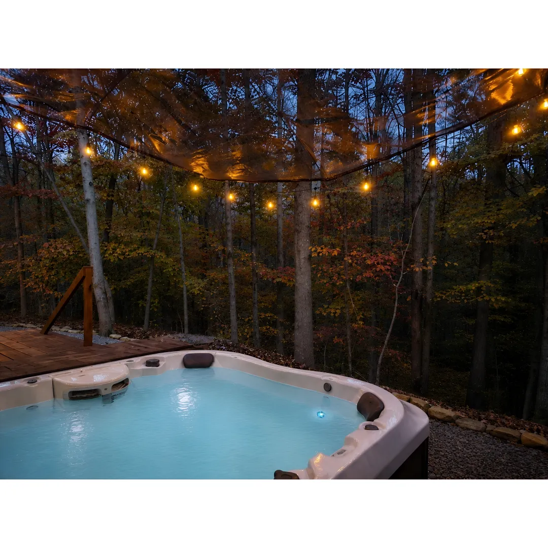 Massage and hot tub setup at a forest spa retreat