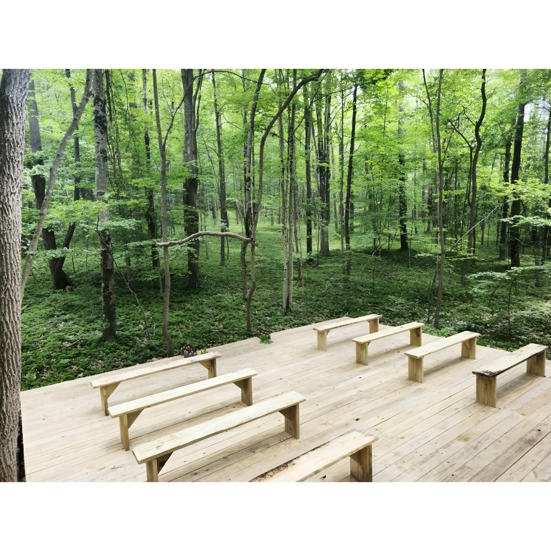 Couple planning a forest elopement with a retreat host
