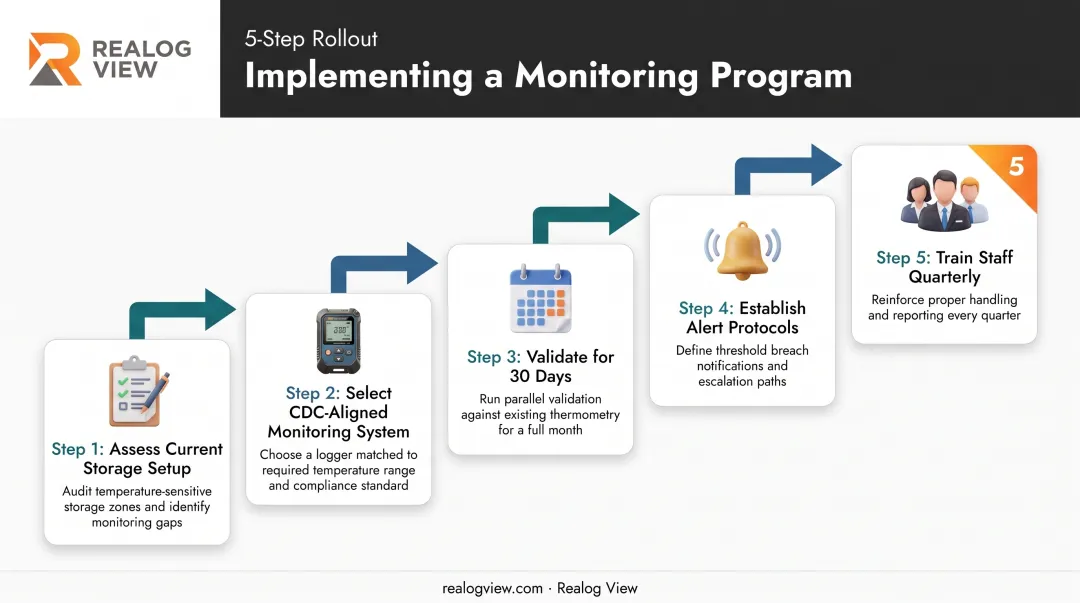 Five-step vaccine cold chain monitoring program implementation process