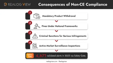 EU non-compliance consequences infographic showing four enforcement penalties for manufacturers
