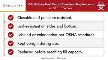 OSHA sharps container compliance requirements checklist infographic for medical facilities