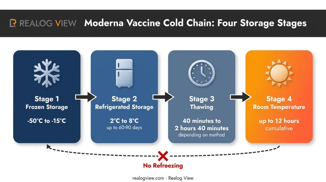 Moderna vaccine storage timeline from frozen to room temperature stages