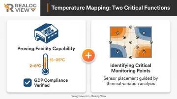 Two-part temperature mapping purpose infographic showing facility capability proof and monitoring point identification