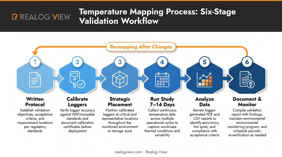 Six-step temperature mapping process flow from protocol development to monitoring establishment