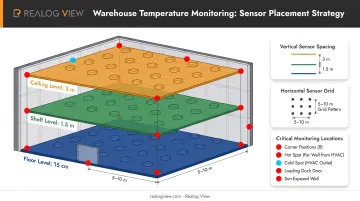 3D warehouse temperature sensor placement grid showing floor mid-height and ceiling levels with critical risk locations