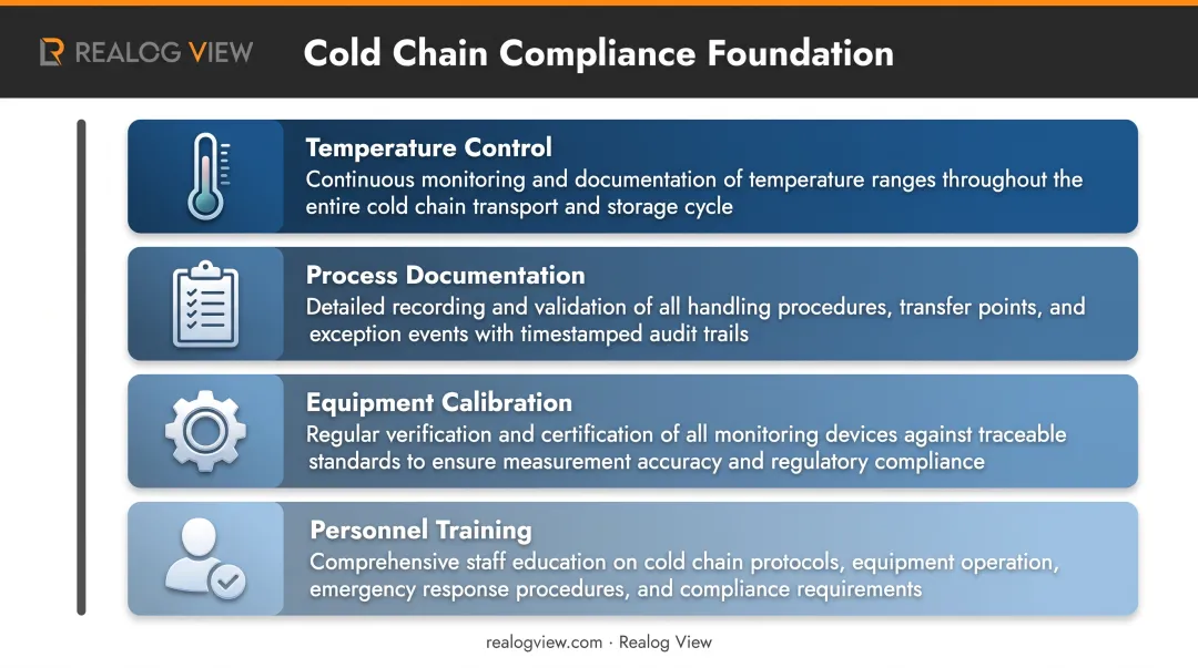 Four core pillars of cold chain compliance shown as connected foundational elements