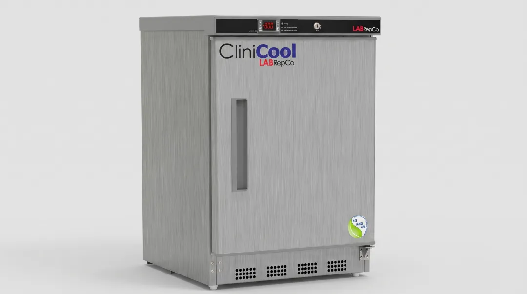 Ultra-cold pharmaceutical freezer displaying digital temperature monitoring system with vaccine storage