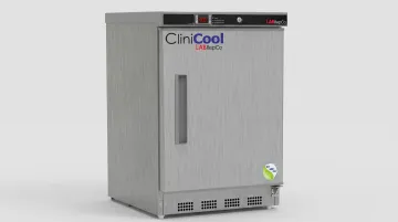 Ultra-cold pharmaceutical freezer displaying digital temperature monitoring system with vaccine storage