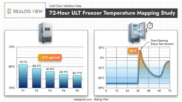 ULT freezer temperature variation study showing shelf spread and door-opening swings