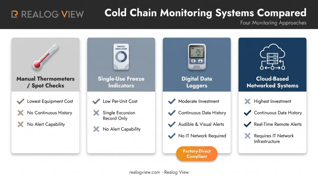 Comparison of four hospital refrigerator temperature monitoring system types