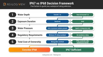 Five-factor IP rating decision framework flowchart for industrial equipment selection