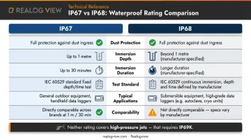 IP67 versus IP68 side-by-side feature comparison infographic for industrial applications