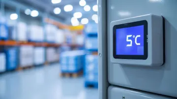 Pharmaceutical cold chain logistics warehouse with temperature monitoring equipment and shelving