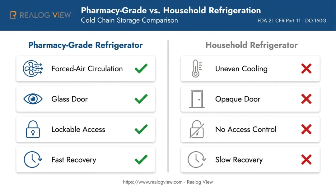 Pharmacy-grade refrigerator versus household fridge feature comparison chart