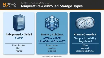Three temperature-controlled warehouse storage sub-types with temperature ranges infographic