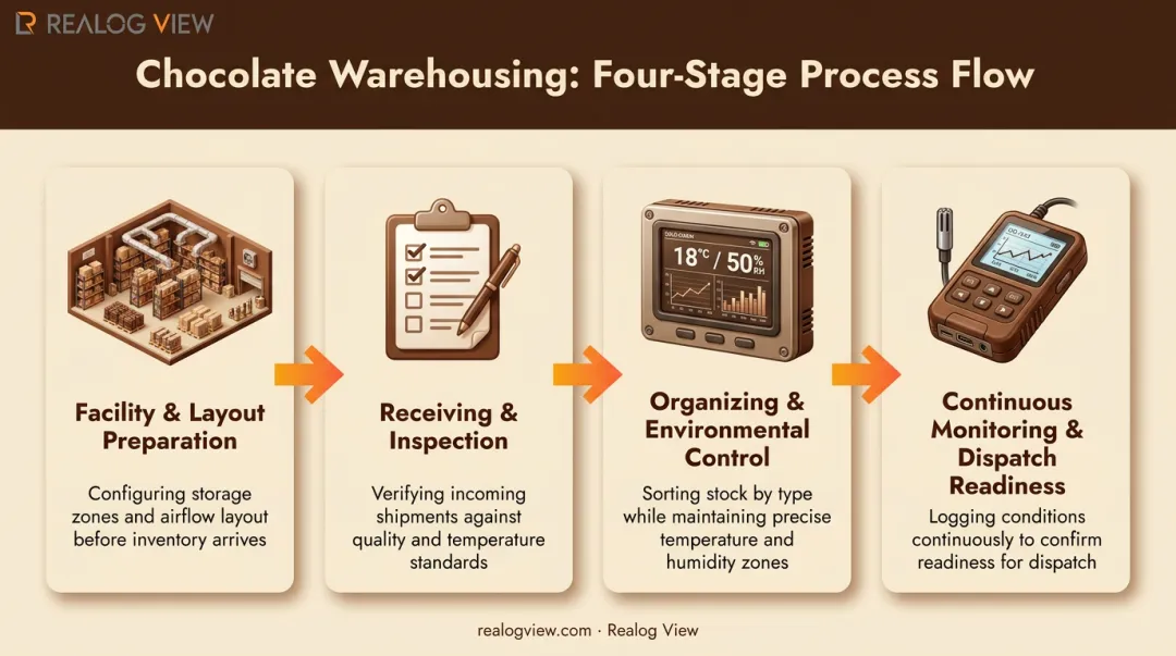 4-step chocolate warehousing process from facility prep to dispatch