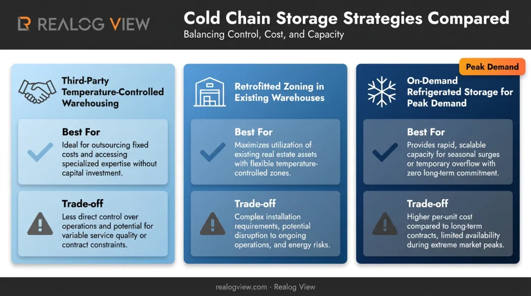 Comparison of three chocolate cold storage approaches and trade-offs