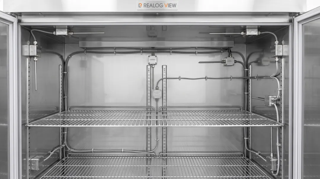 Pharmaceutical refrigerator with permanent monitoring sensors installed at identified hot and cold spots