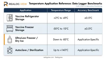 Medical device temperature range and accuracy benchmarks comparison table infographic