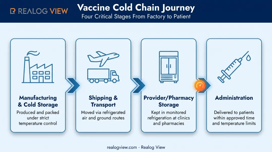 Four-stage vaccine cold chain journey from manufacturing to administration